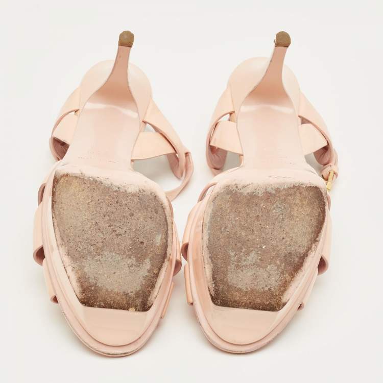 Pre Owned Saint Laurent Beige Patent Leather Tribute Platform Sandals Size 39.5