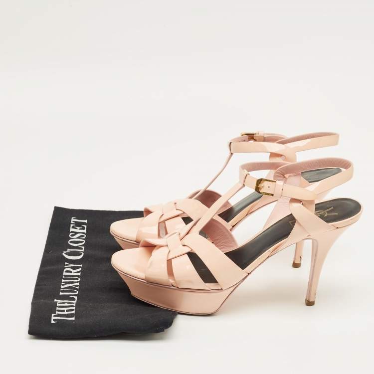 Pre Owned Saint Laurent Beige Patent Leather Tribute Platform Sandals Size 39.5