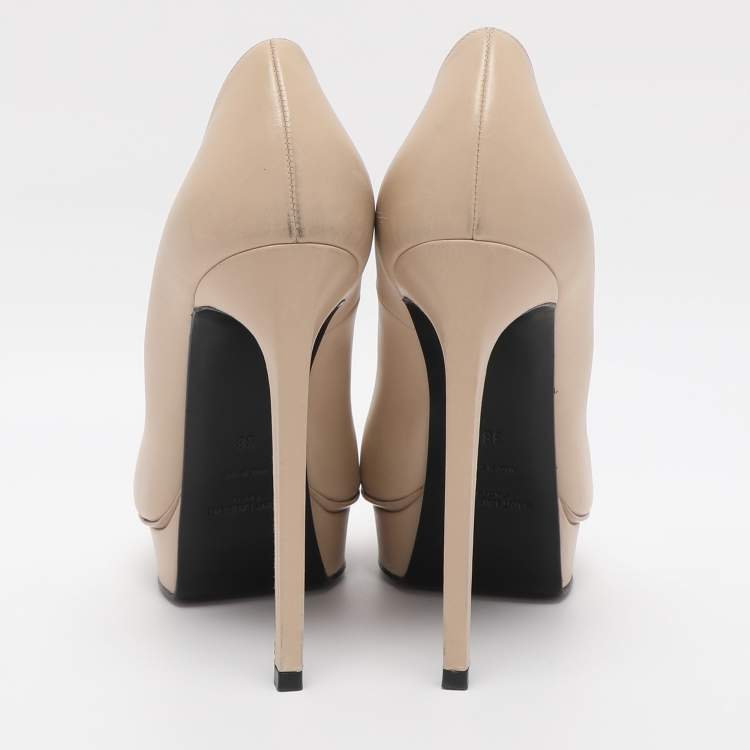 Pre Owned Saint Laurent Beige Leather Janis Pointed Toe Platform Pumps Size 38