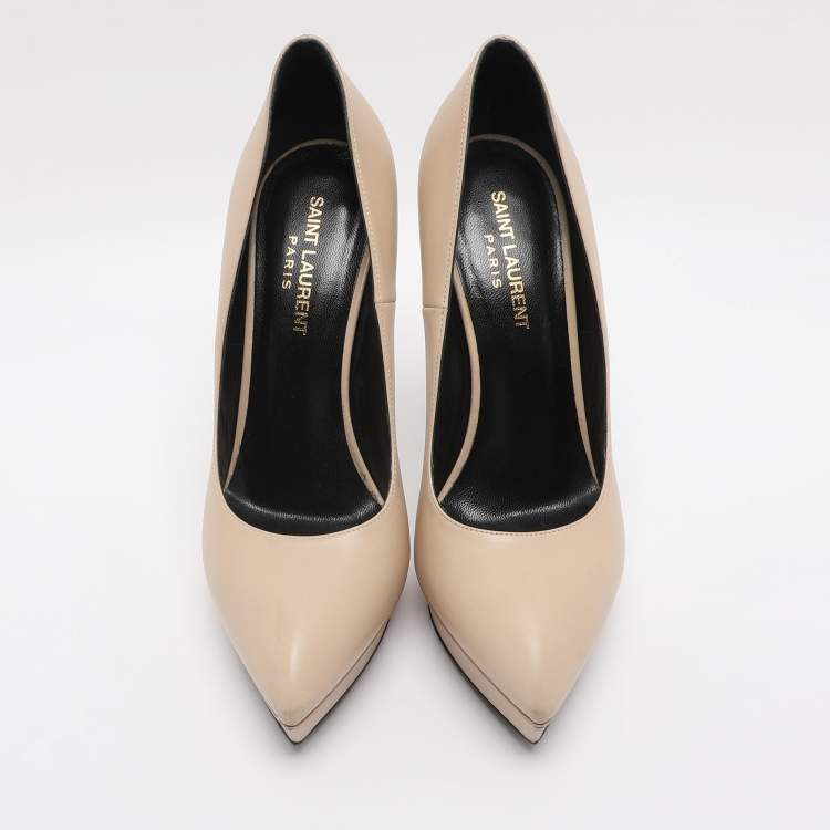Pre Owned Saint Laurent Beige Leather Janis Pointed Toe Platform Pumps Size 38