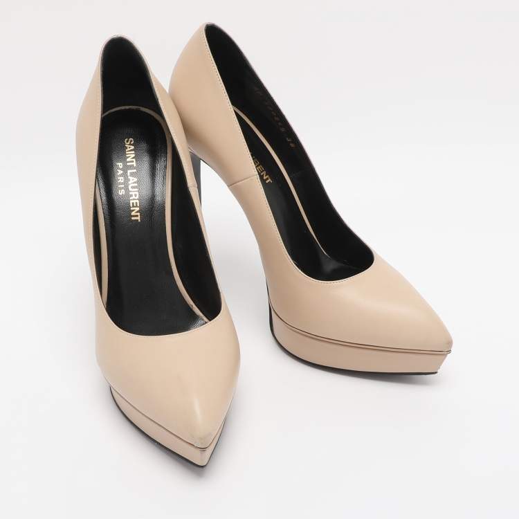 Pre Owned Saint Laurent Beige Leather Janis Pointed Toe Platform Pumps Size 38