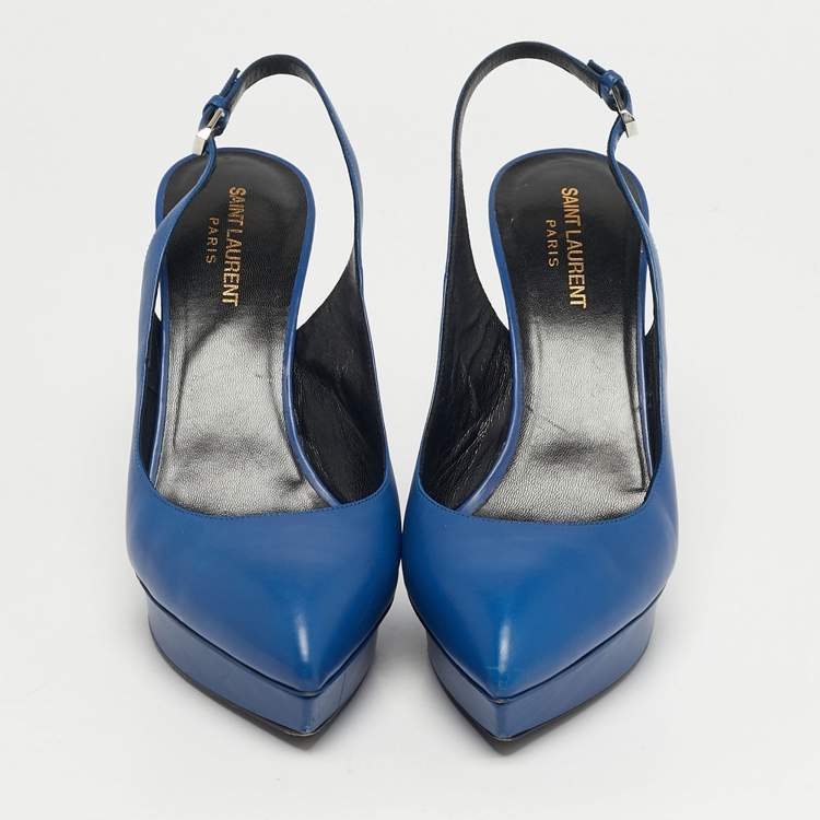 Pre Owned Saint Laurent Blue Leather Platform Slingback Pumps Size 40