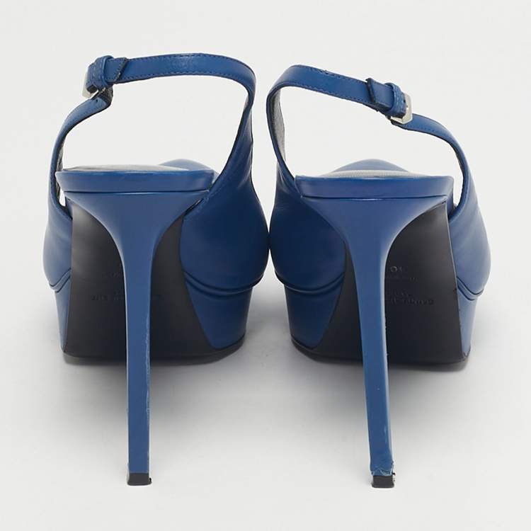 Pre Owned Saint Laurent Blue Leather Platform Slingback Pumps Size 40