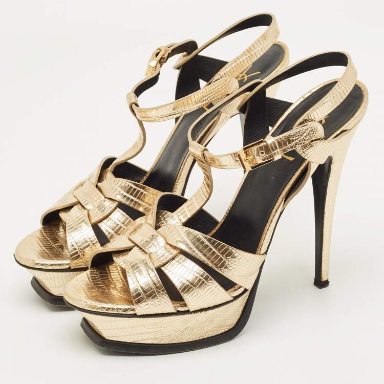 Pre Owned Saint Laurent Metallic Gold Lizard Embossed Leather Tribute Platform Sandals Size 39.5