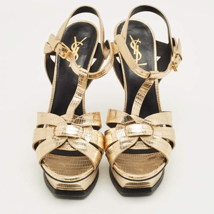 Pre Owned Saint Laurent Metallic Gold Lizard Embossed Leather Tribute Platform Sandals Size 39.5