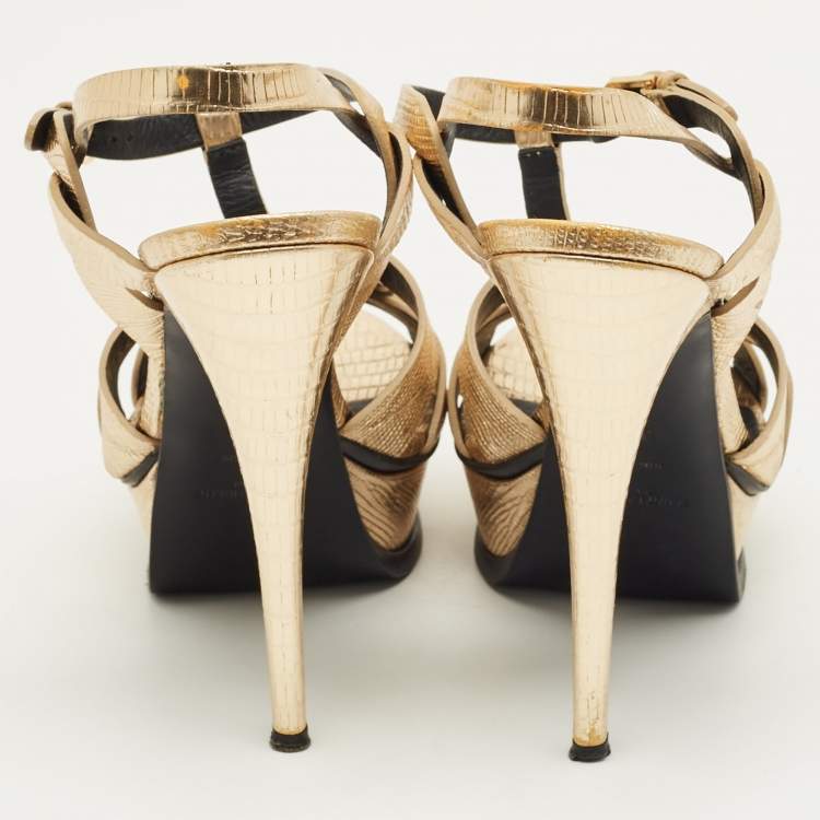Pre Owned Saint Laurent Metallic Gold Lizard Embossed Leather Tribute Platform Sandals Size 39.5