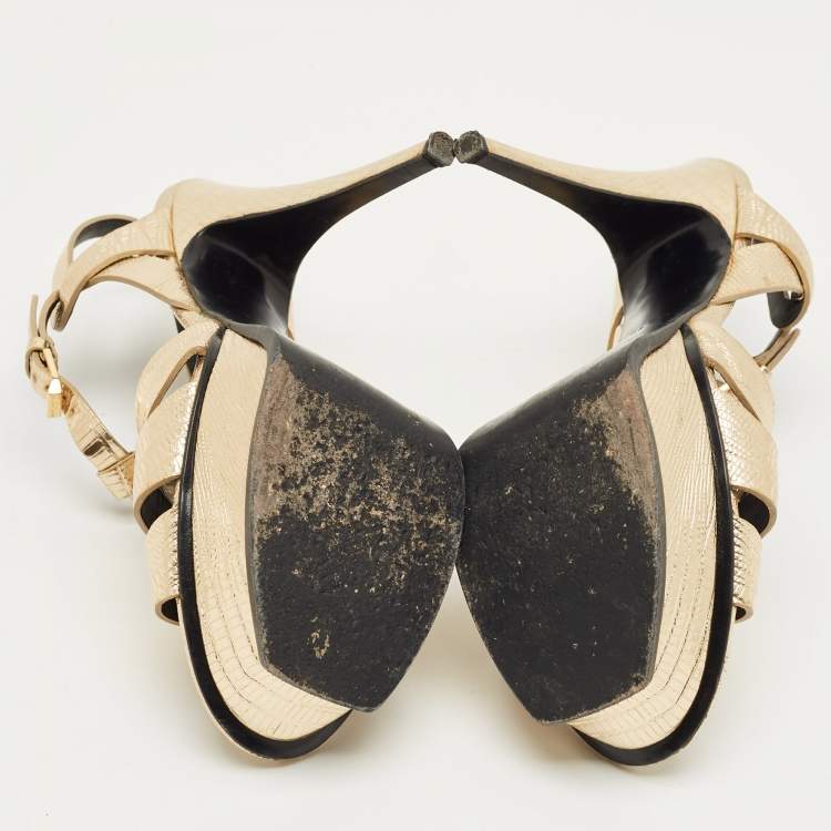 Pre Owned Saint Laurent Metallic Gold Lizard Embossed Leather Tribute Platform Sandals Size 39.5