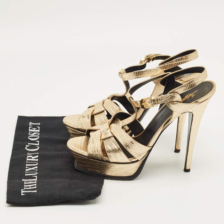 Pre Owned Saint Laurent Metallic Gold Lizard Embossed Leather Tribute Platform Sandals Size 39.5