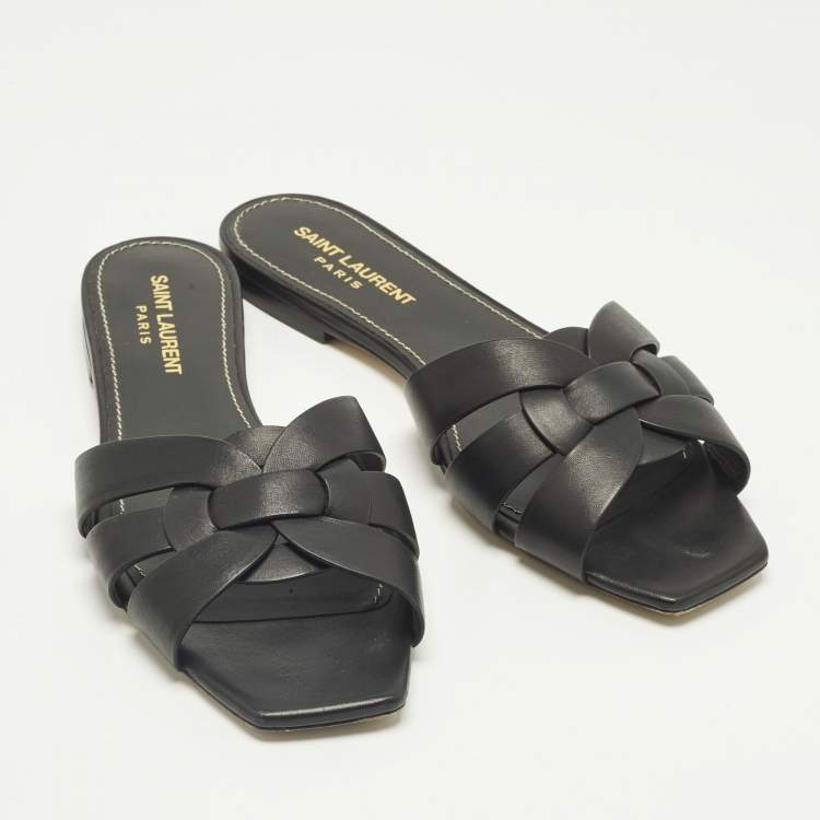 Pre Owned Saint Laurent Black Leather Tribute Flat Sandals Size 37.5