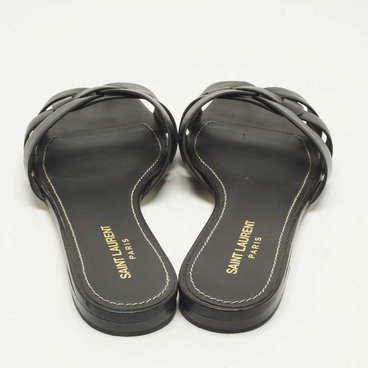 Pre Owned Saint Laurent Black Leather Tribute Flat Sandals Size 37.5