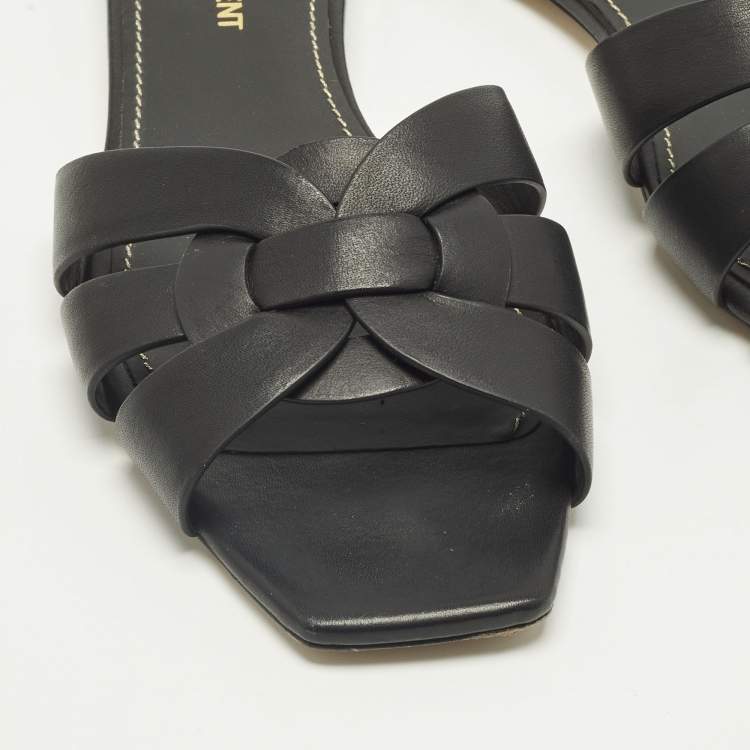 Pre Owned Saint Laurent Black Leather Tribute Flat Sandals Size 37.5