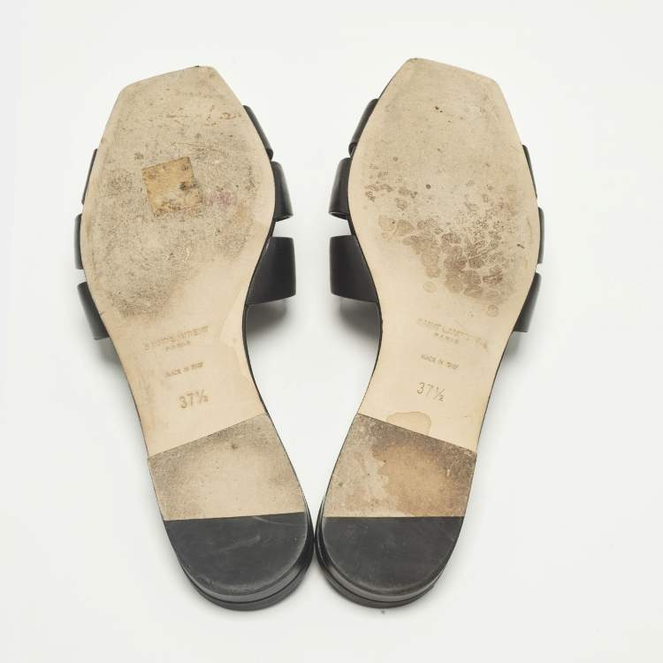 Pre Owned Saint Laurent Black Leather Tribute Flat Sandals Size 37.5