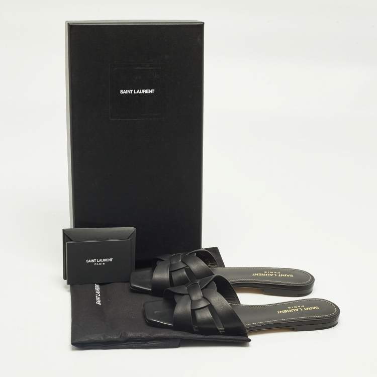 Pre Owned Saint Laurent Black Leather Tribute Flat Sandals Size 37.5