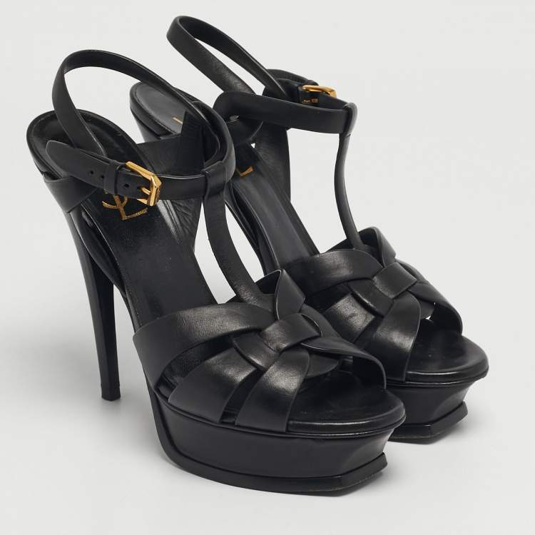 Pre Owned Saint Laurent Black Leather Platform Sandals Size 37.5