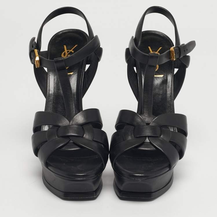 Pre Owned Saint Laurent Black Leather Platform Sandals Size 37.5