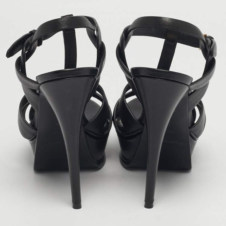Pre Owned Saint Laurent Black Leather Platform Sandals Size 37.5