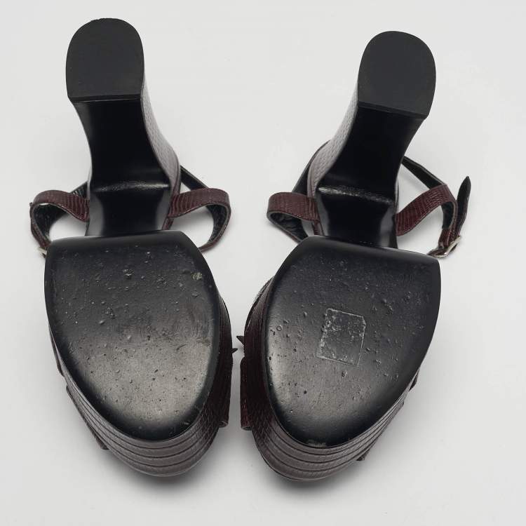 Pre Owned Saint Laurent Burgundy Lizard Embossed Leather Candy Platform Ankle Strap Sandals Size 40.5