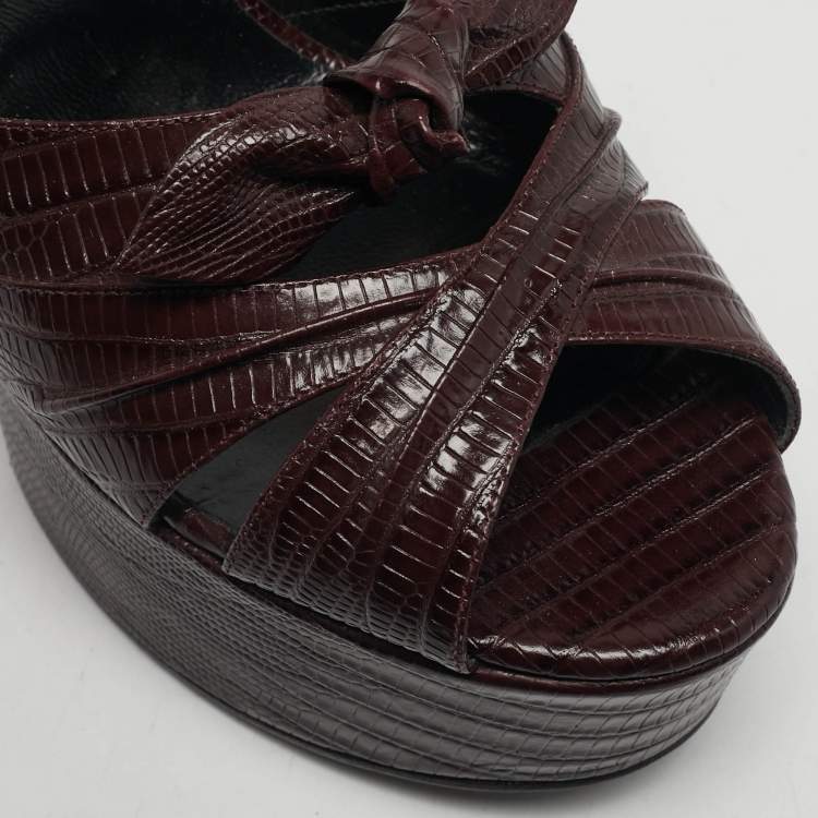 Pre Owned Saint Laurent Burgundy Lizard Embossed Leather Candy Platform Ankle Strap Sandals Size 40.5