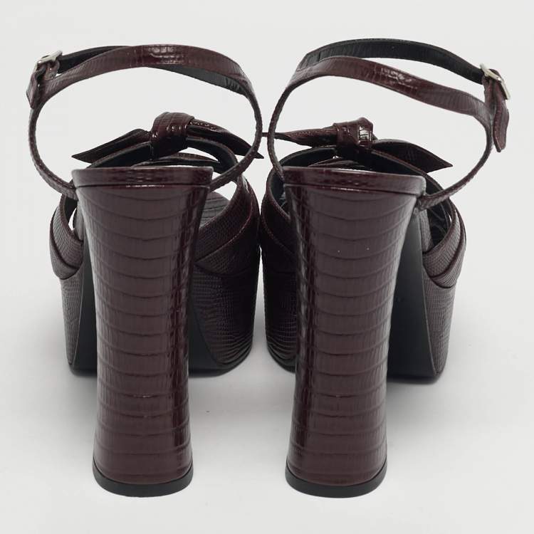 Pre Owned Saint Laurent Burgundy Lizard Embossed Leather Candy Platform Ankle Strap Sandals Size 40.5