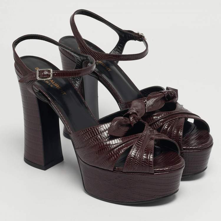 Pre Owned Saint Laurent Burgundy Lizard Embossed Leather Candy Platform Ankle Strap Sandals Size 40.5