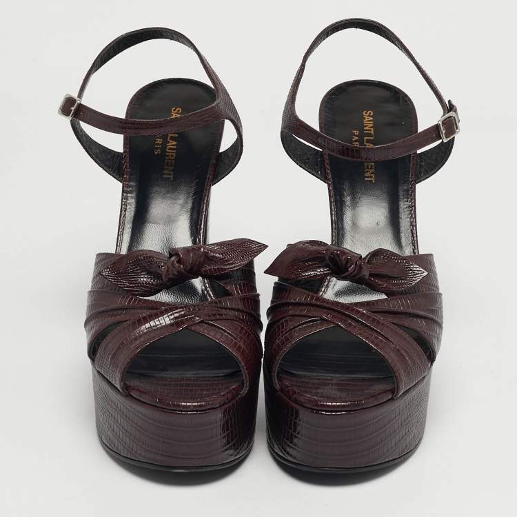 Pre Owned Saint Laurent Burgundy Lizard Embossed Leather Candy Platform Ankle Strap Sandals Size 40.5