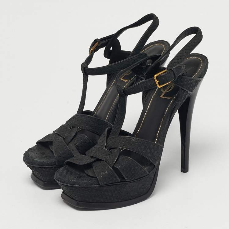 Pre Owned Saint Laurent Black Python Leather Tribute Ankle Strap Sandals Size 38