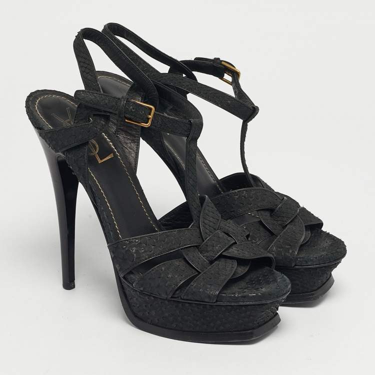 Pre Owned Saint Laurent Black Python Leather Tribute Ankle Strap Sandals Size 38