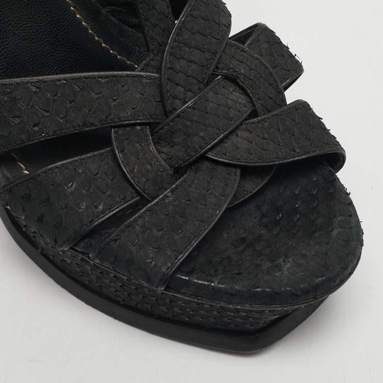 Pre Owned Saint Laurent Black Python Leather Tribute Ankle Strap Sandals Size 38