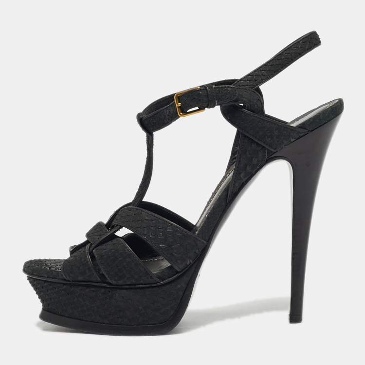 Pre Owned Saint Laurent Black Python Leather Tribute Ankle Strap Sandals Size 38