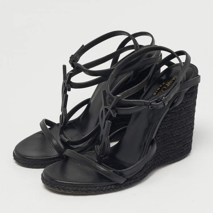Pre Owned Saint Laurent Black Leather Tribute Wedge Espadrille Sandals Size 39.5