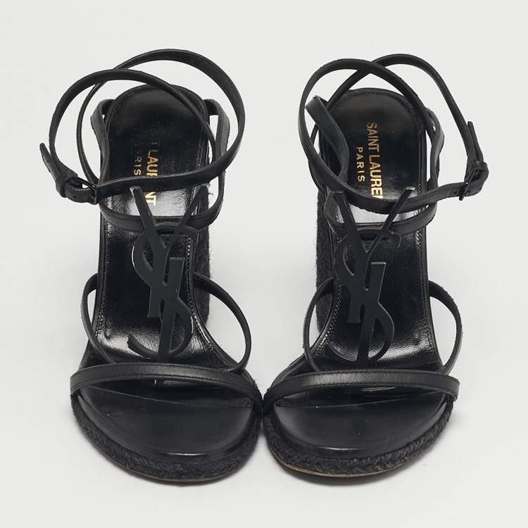 Pre Owned Saint Laurent Black Leather Tribute Wedge Espadrille Sandals Size 39.5