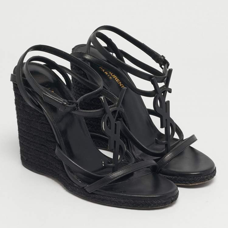 Pre Owned Saint Laurent Black Leather Tribute Wedge Espadrille Sandals Size 39.5