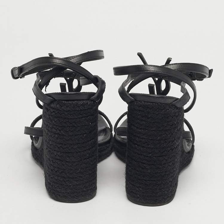 Pre Owned Saint Laurent Black Leather Tribute Wedge Espadrille Sandals Size 39.5