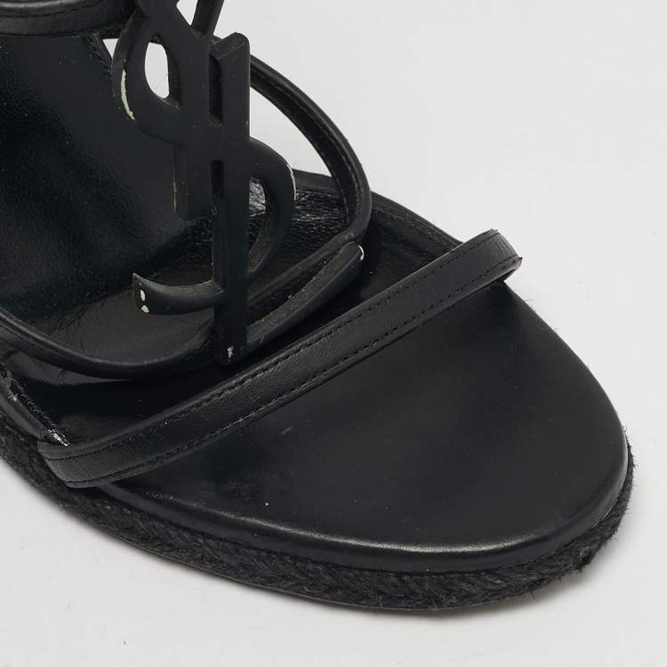 Pre Owned Saint Laurent Black Leather Tribute Wedge Espadrille Sandals Size 39.5