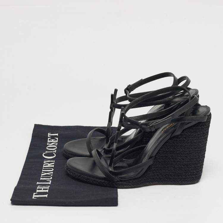Pre Owned Saint Laurent Black Leather Tribute Wedge Espadrille Sandals Size 39.5