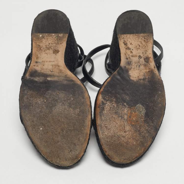 Pre Owned Saint Laurent Black Leather Tribute Wedge Espadrille Sandals Size 39.5