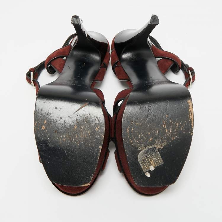 Pre Owned Saint Laurent Tribute Size 38 Burgundy Leather and Suede Platform Sandals