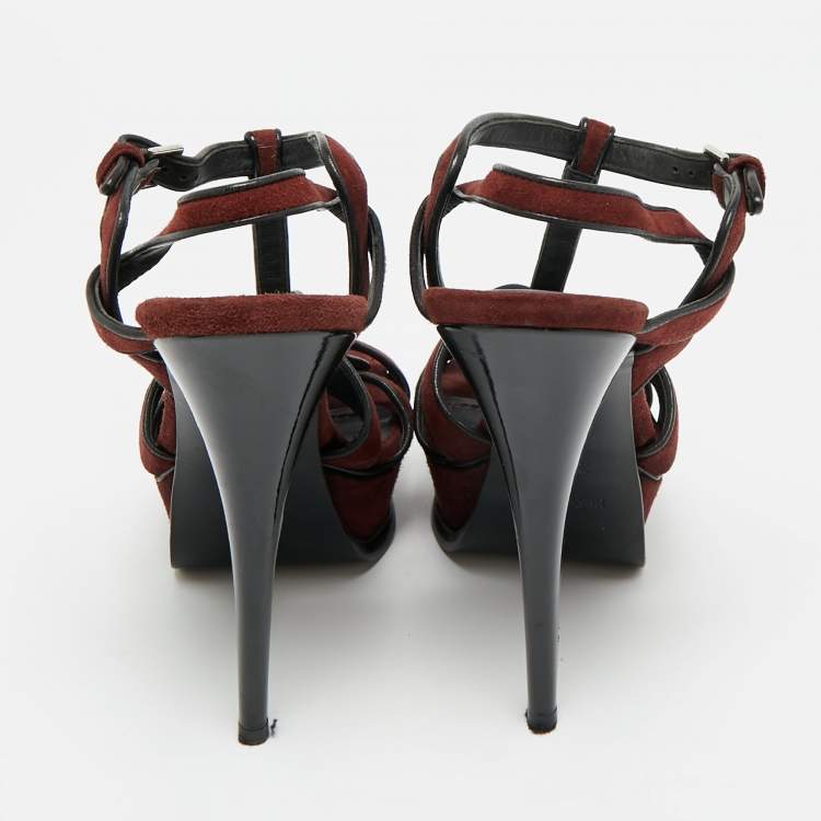 Pre Owned Saint Laurent Tribute Size 38 Burgundy Leather and Suede Platform Sandals