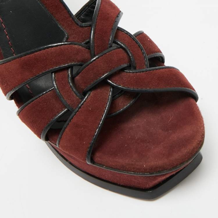 Pre Owned Saint Laurent Tribute Size 38 Burgundy Leather and Suede Platform Sandals