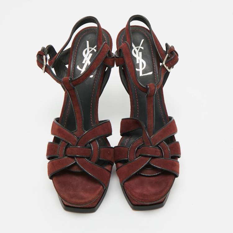 Pre Owned Saint Laurent Tribute Size 38 Burgundy Leather and Suede Platform Sandals