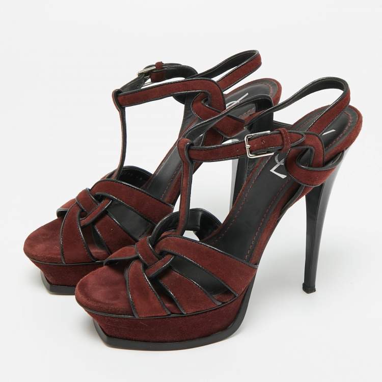 Pre Owned Saint Laurent Tribute Size 38 Burgundy Leather and Suede Platform Sandals
