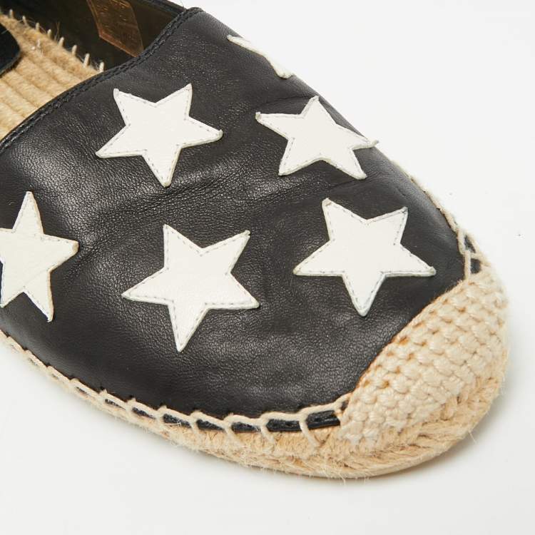 Pre Owned Saint Laurent Size 38 Black/White Leather Star Espadrille Loafers