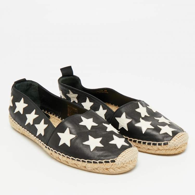 Pre Owned Saint Laurent Size 38 Black/White Leather Star Espadrille Loafers