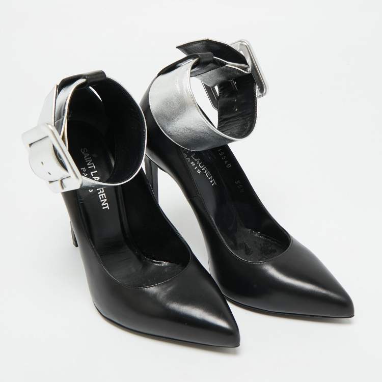 Pre Owned Saint Laurent Size 35.5 Black Leather  Escarpin Ankle Cuff Pumps