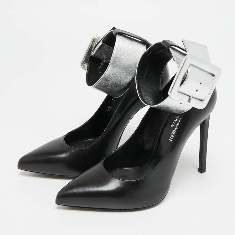 Pre Owned Saint Laurent Size 35.5 Black Leather  Escarpin Ankle Cuff Pumps