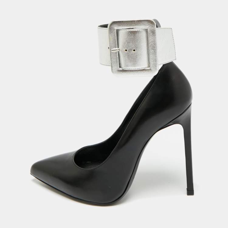 Pre Owned Saint Laurent Size 35.5 Black Leather  Escarpin Ankle Cuff Pumps