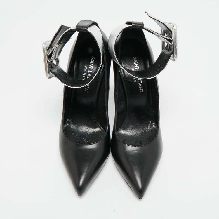 Pre Owned Saint Laurent Size 35.5 Black Leather  Escarpin Ankle Cuff Pumps