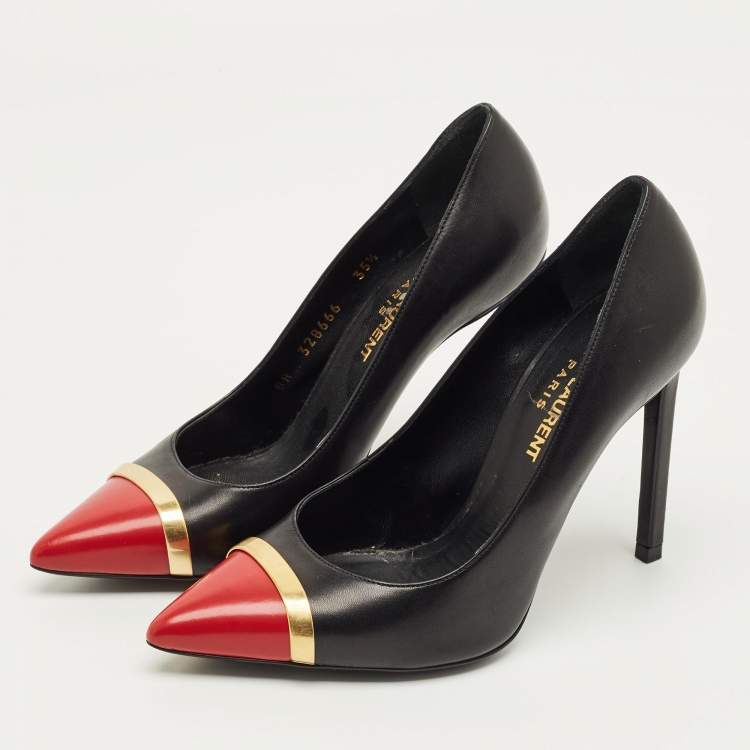 Pre Owned Saint Laurent Janis Size 35.5 Black/Red Leather Metal Trim Pointed Toe Pumps