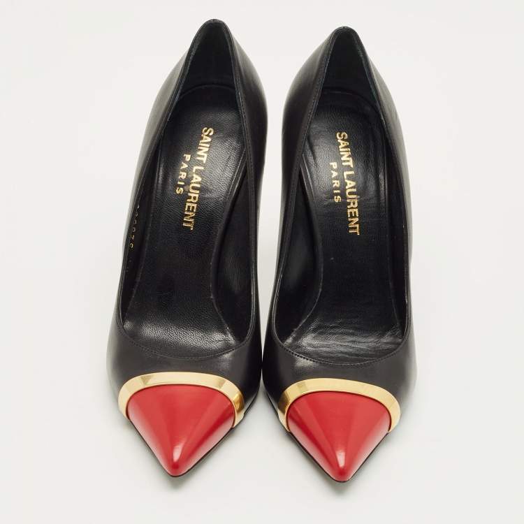 Pre Owned Saint Laurent Janis Size 35.5 Black/Red Leather Metal Trim Pointed Toe Pumps