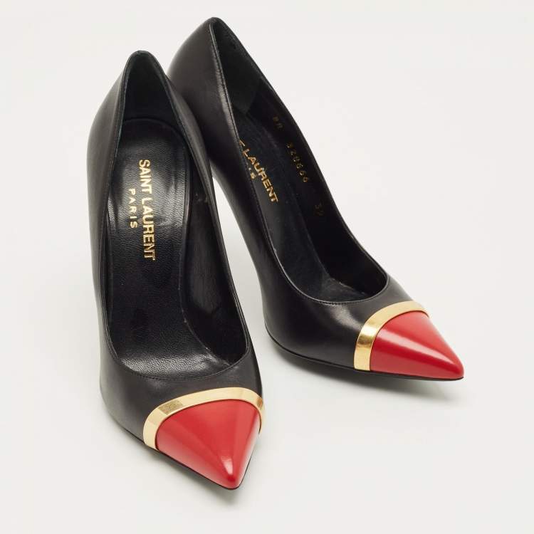 Pre Owned Saint Laurent Janis Size 35.5 Black/Red Leather Metal Trim Pointed Toe Pumps